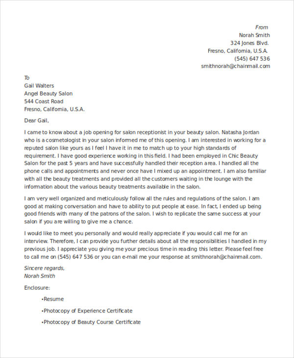 sample of an application letter as a receptionist