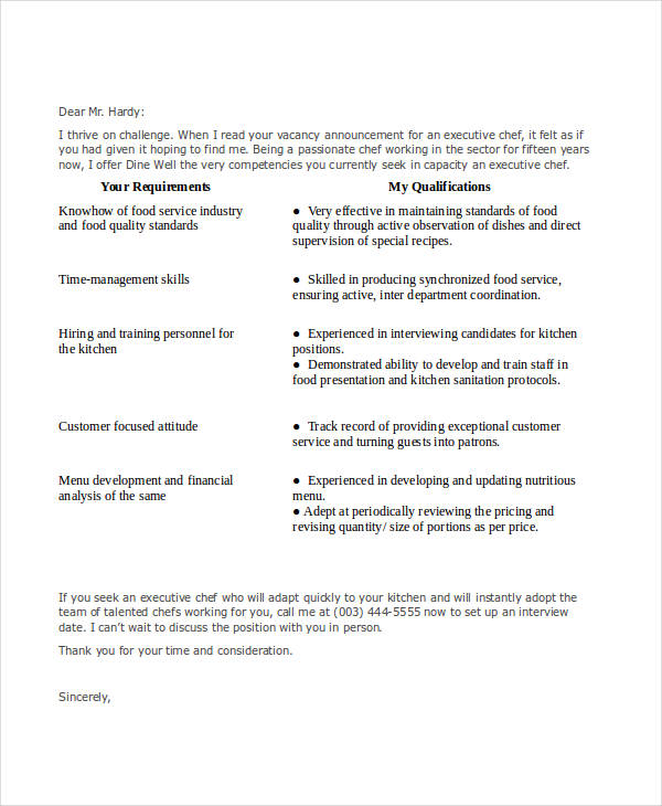 executive chef job application letter