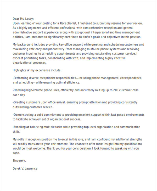 13+ Receptionist Job Application Letters - Word, PDF Format Download