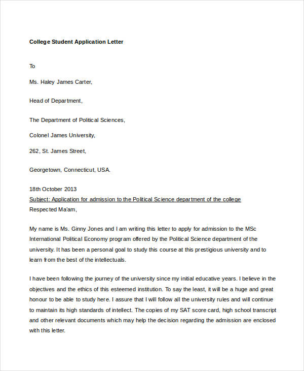 example of application letter of student