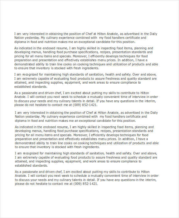 Job Application Letters For Chef 9+ Free Word, PDF Format Download