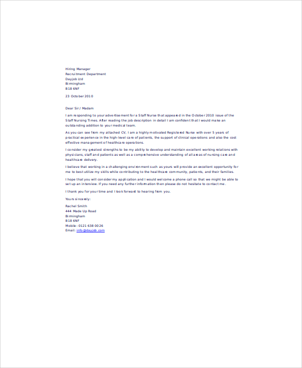 nurses email application letter