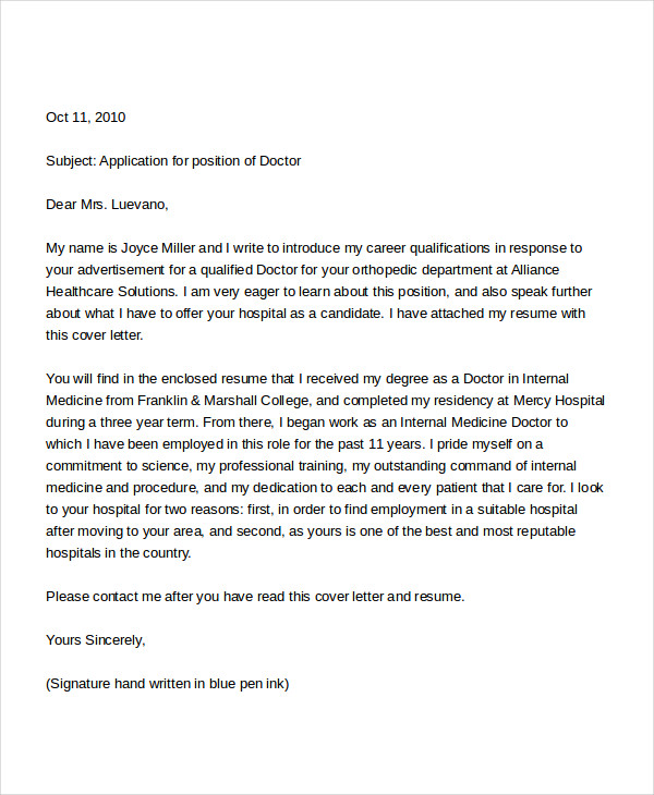 free doctor job application letter