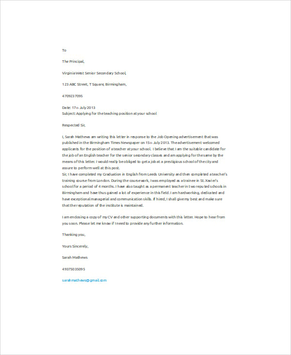 sample of application letter for teaching pdf