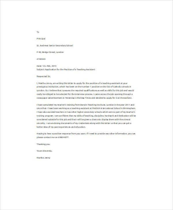 teaching-assistant-job-application-letter