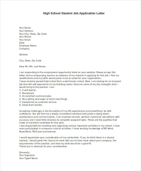 examples of application letter for students