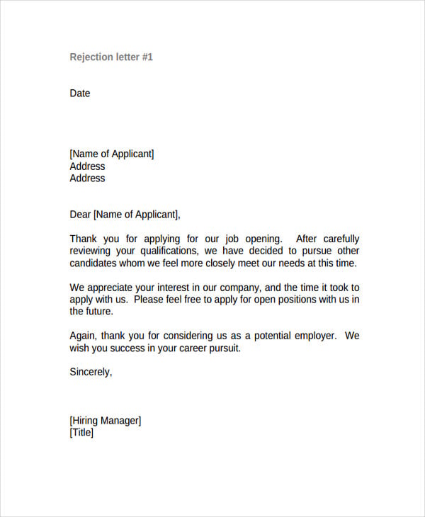Job applicants rejection letter samples