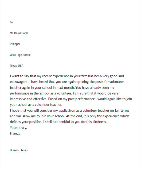 job application letter for volunteer teacher