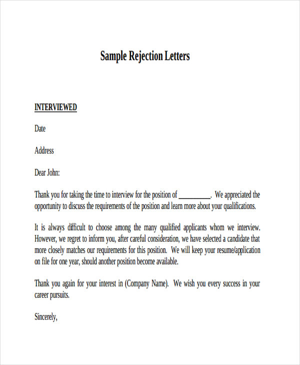 11+ Job Applicant Rejection Letter Before Interview example