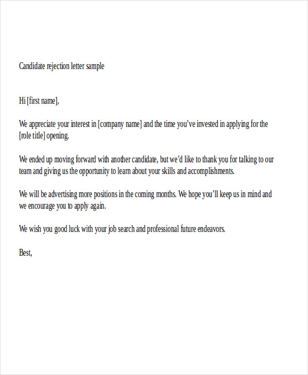 Letter To Applicant Not Selected Collection - Letter Template Collection