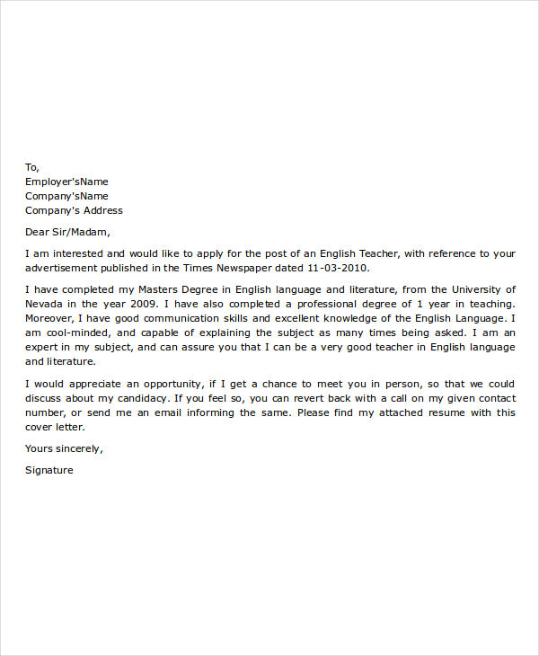 Sample Application Letter For The Job Of A Teacher Images