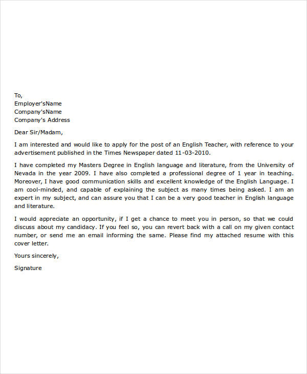 application letter for a job in english
