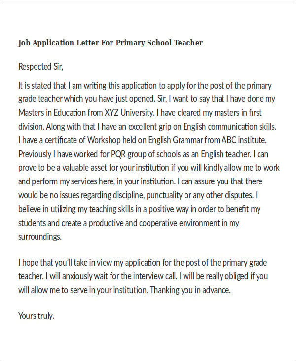 application letter for teaching job in primary school
