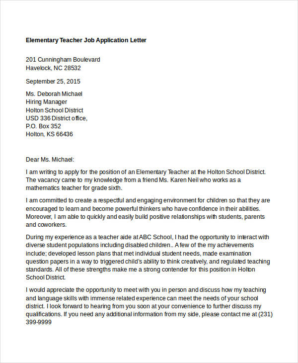 application letter to apply for a teaching job