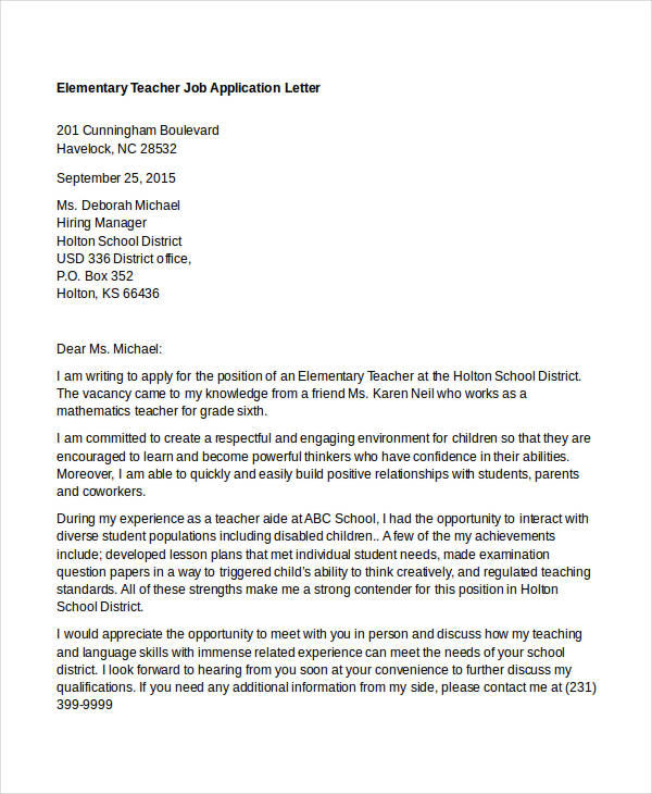 application letter format teaching job