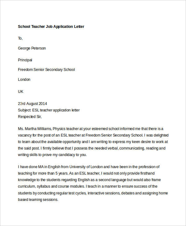 school teacher job application letter