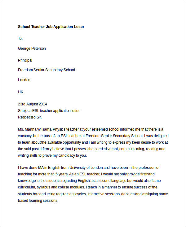 job application letter format for school