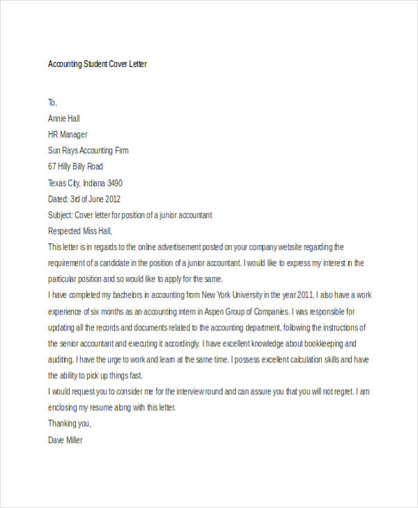 accounting student cover letter