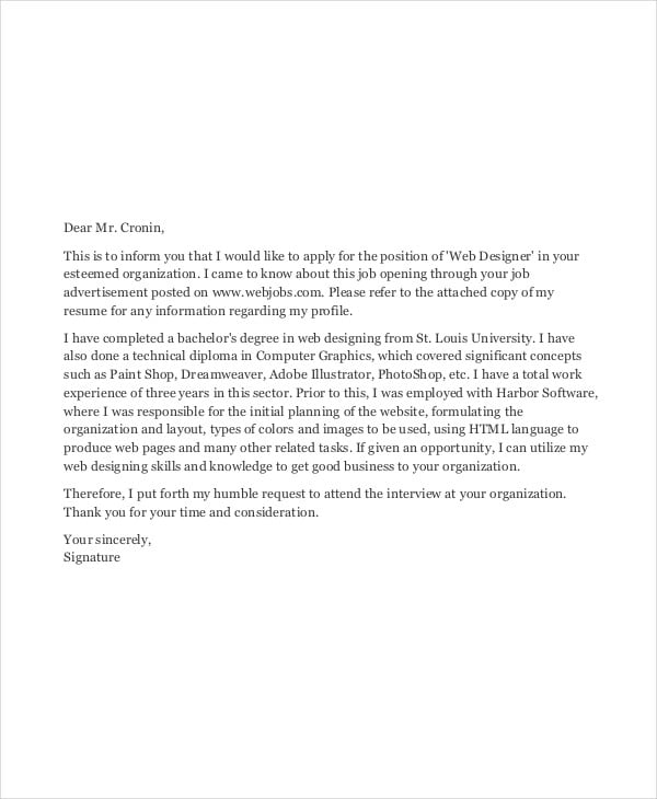 Example cover letter for web design job