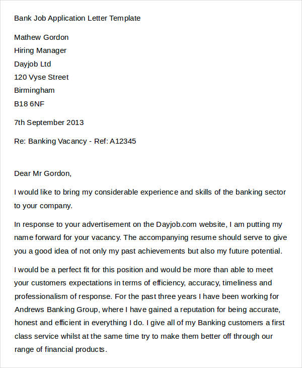 bank job application letter template