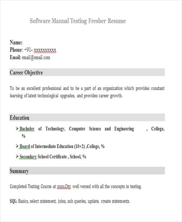 resume format for manual testing fresher