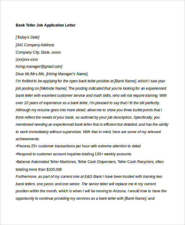 Job application letter for a teller position
