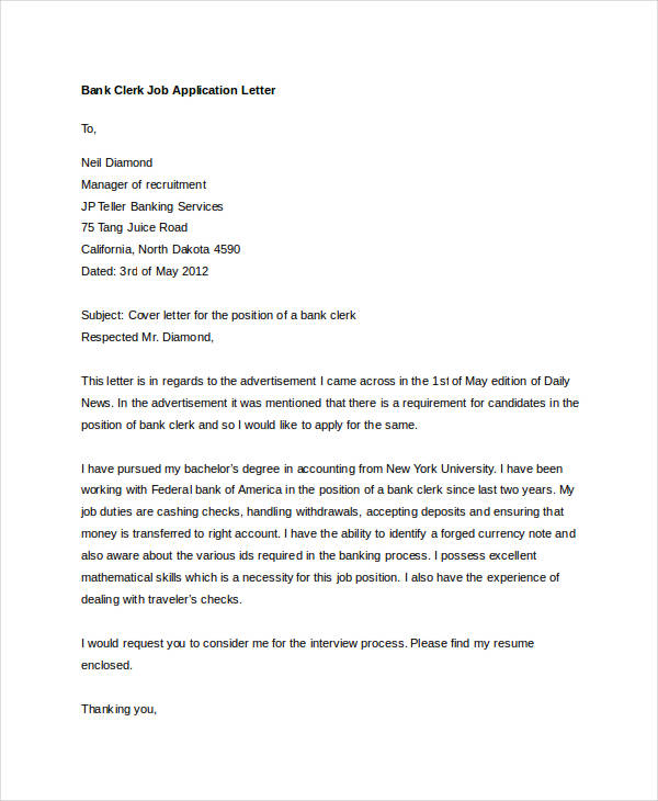 cover letter sample for bank job application in word format