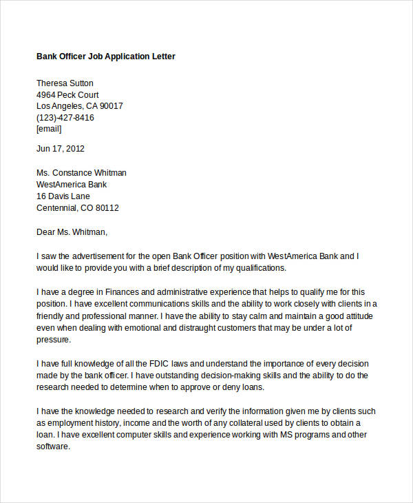 sample of application letter for bank employment