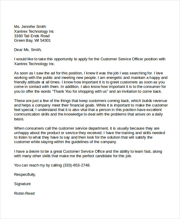 application letter sample for a customer service officer