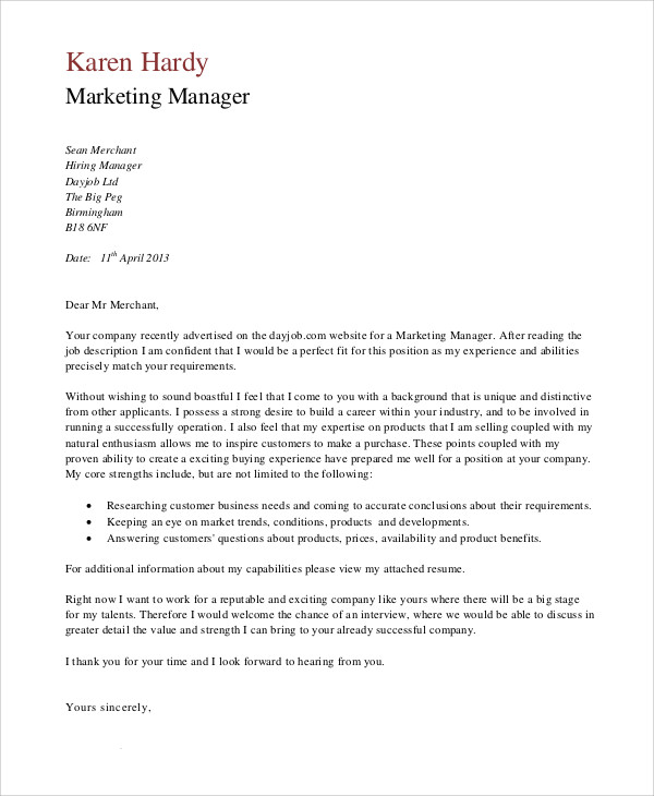 Application letter marketing director