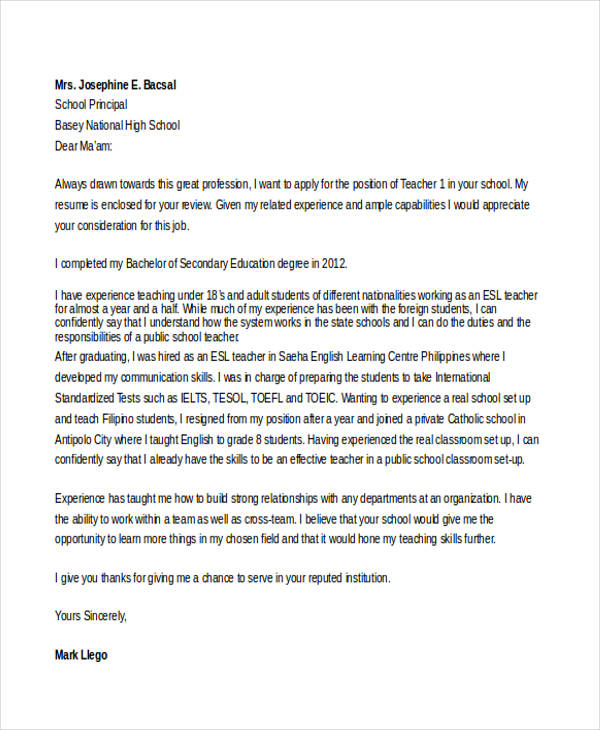 primary school teacher job application letter