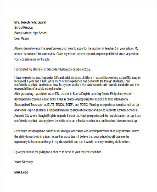 application letter to be a primary school teacher