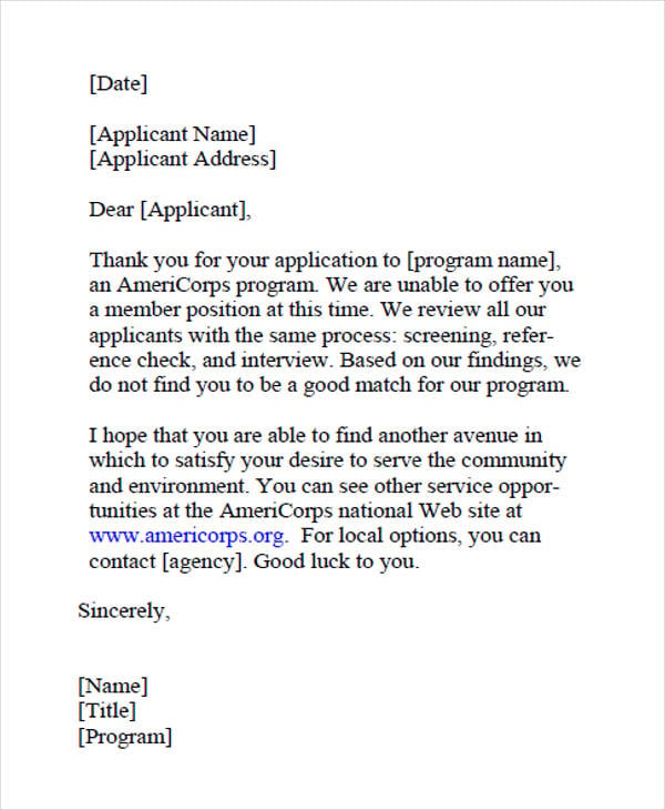 job applicant rejection letter example