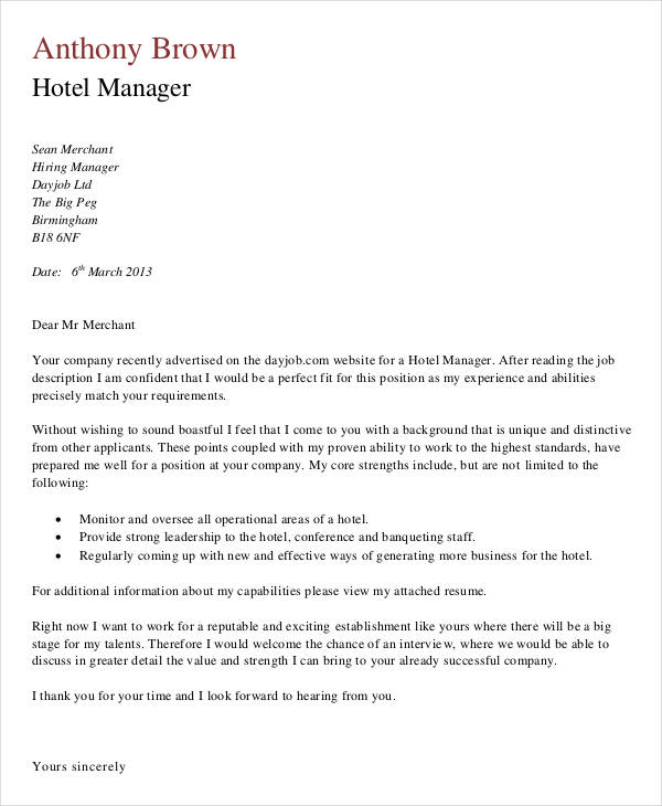 job application letter to work in a hotel