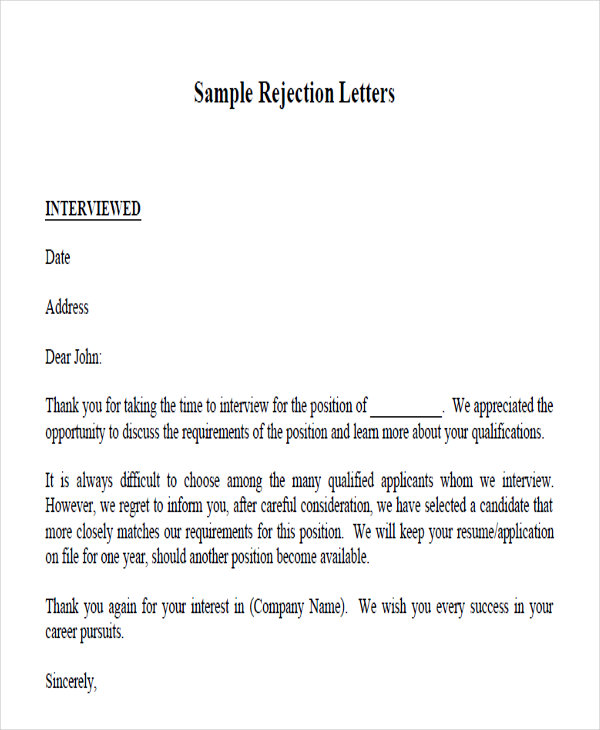 Job applicant rejection letter sample