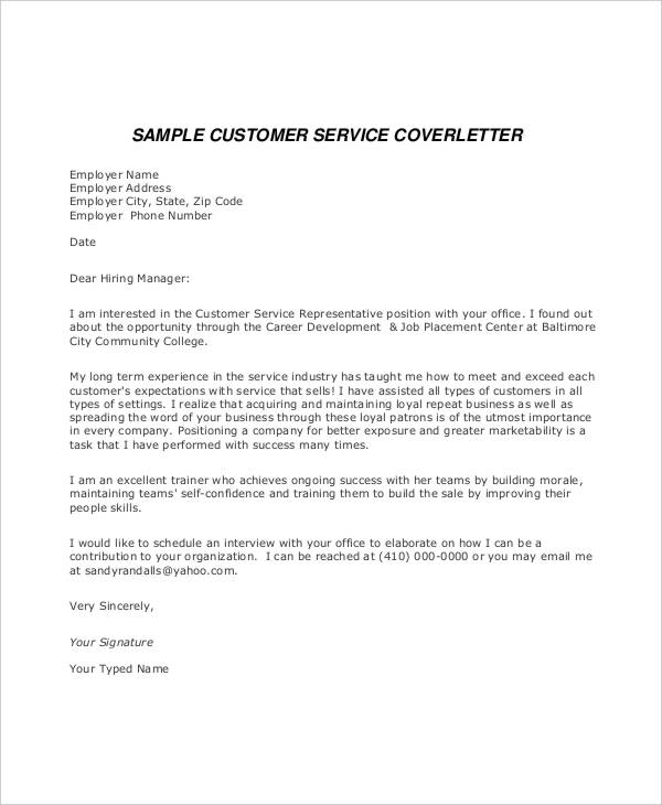 customer service representative job application letter