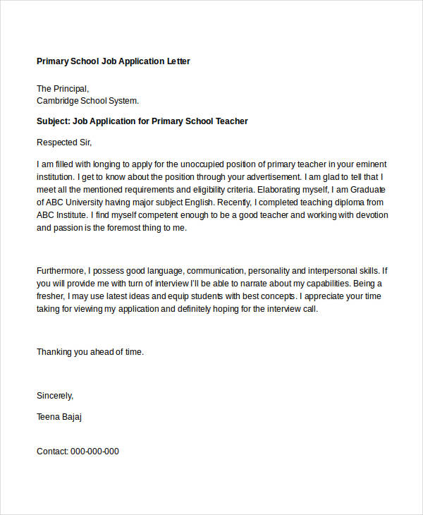 examples of application letter for school