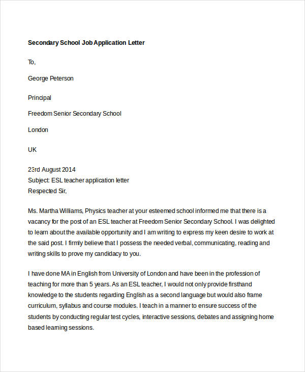 secondary school job application letter