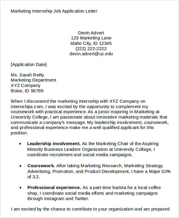 marketing internship job application letter
