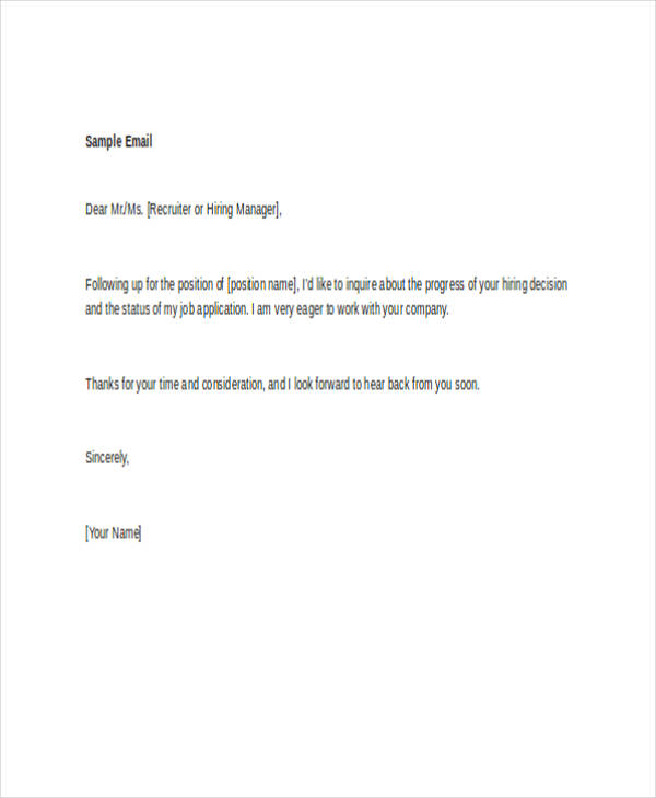 sample email follow up job application