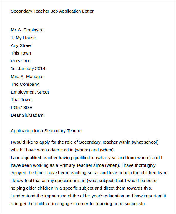 secondary teacher job application letter