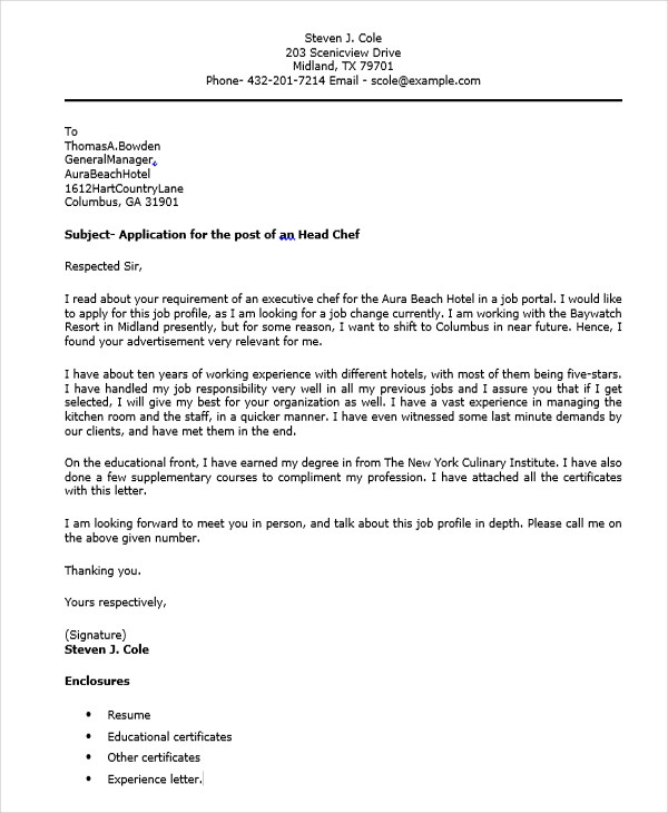 chef application letter template