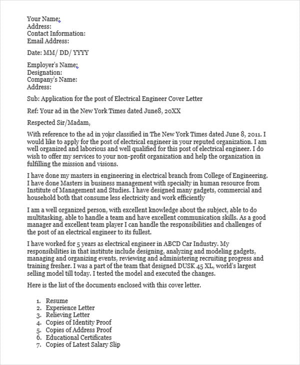 sample application letter for electrical engineer