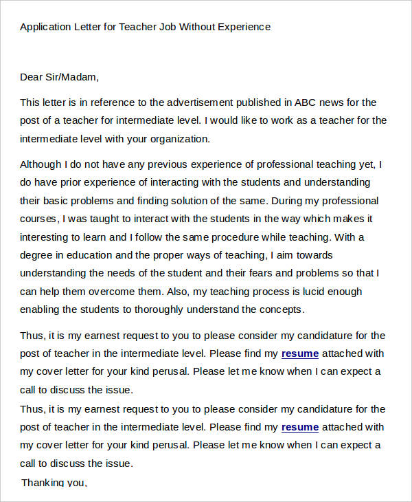application letter for teacher job without experience