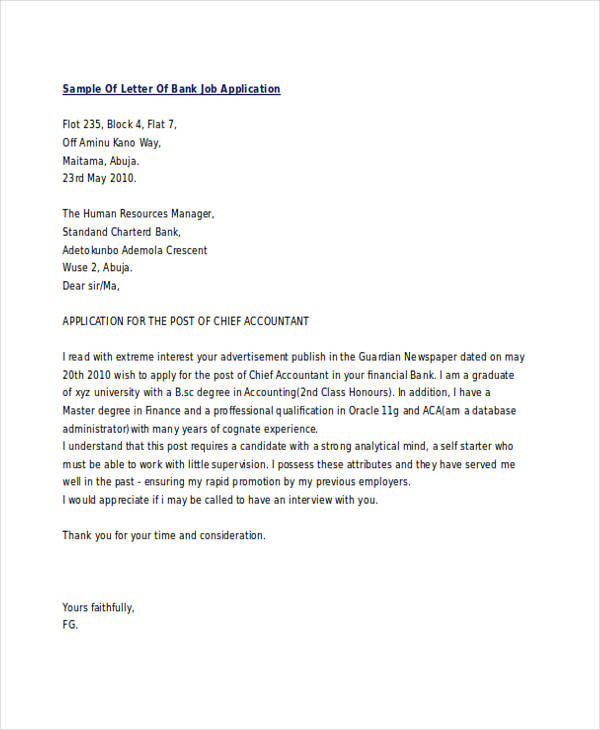 bank job application letter