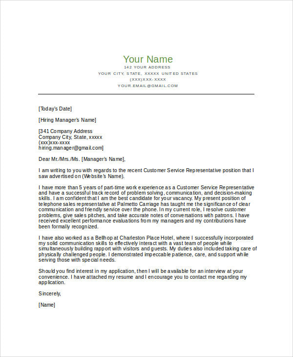 customer service representative position cover letter