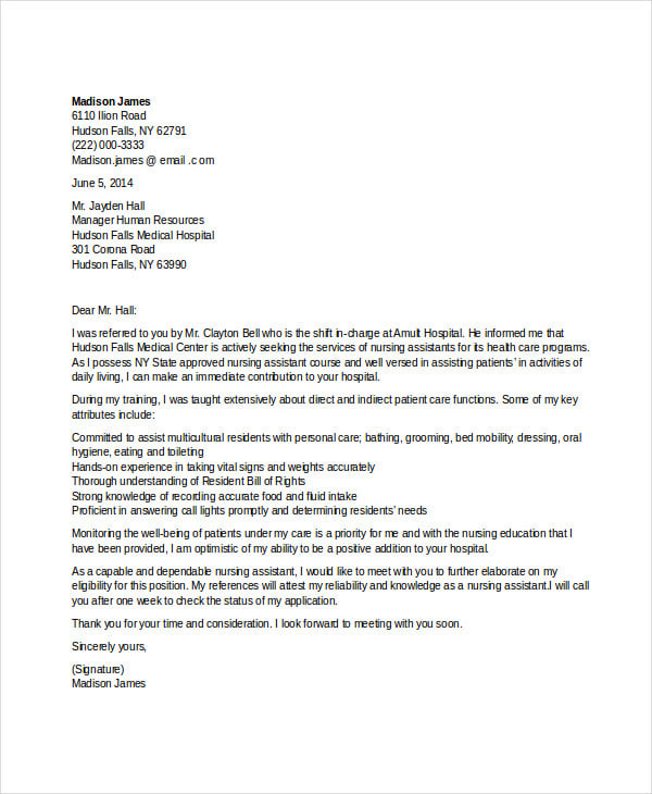 job application letter for nursing assistant