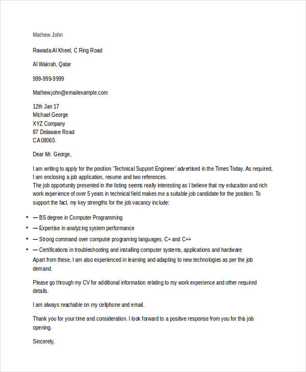 technical support job application letter