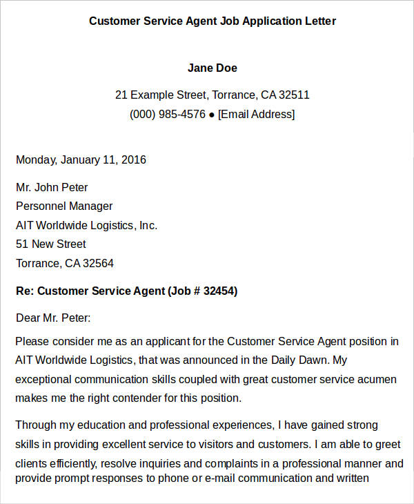 customer service agent job application letter