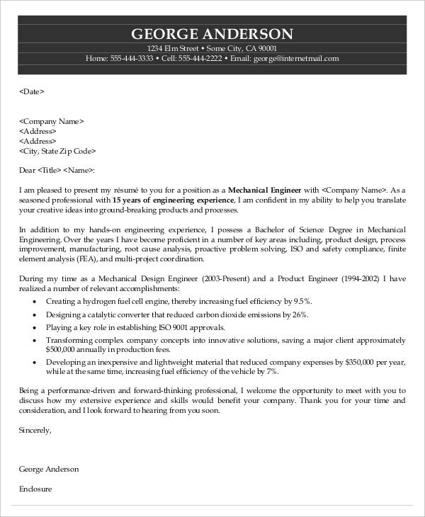 mechanical engineering job application letter